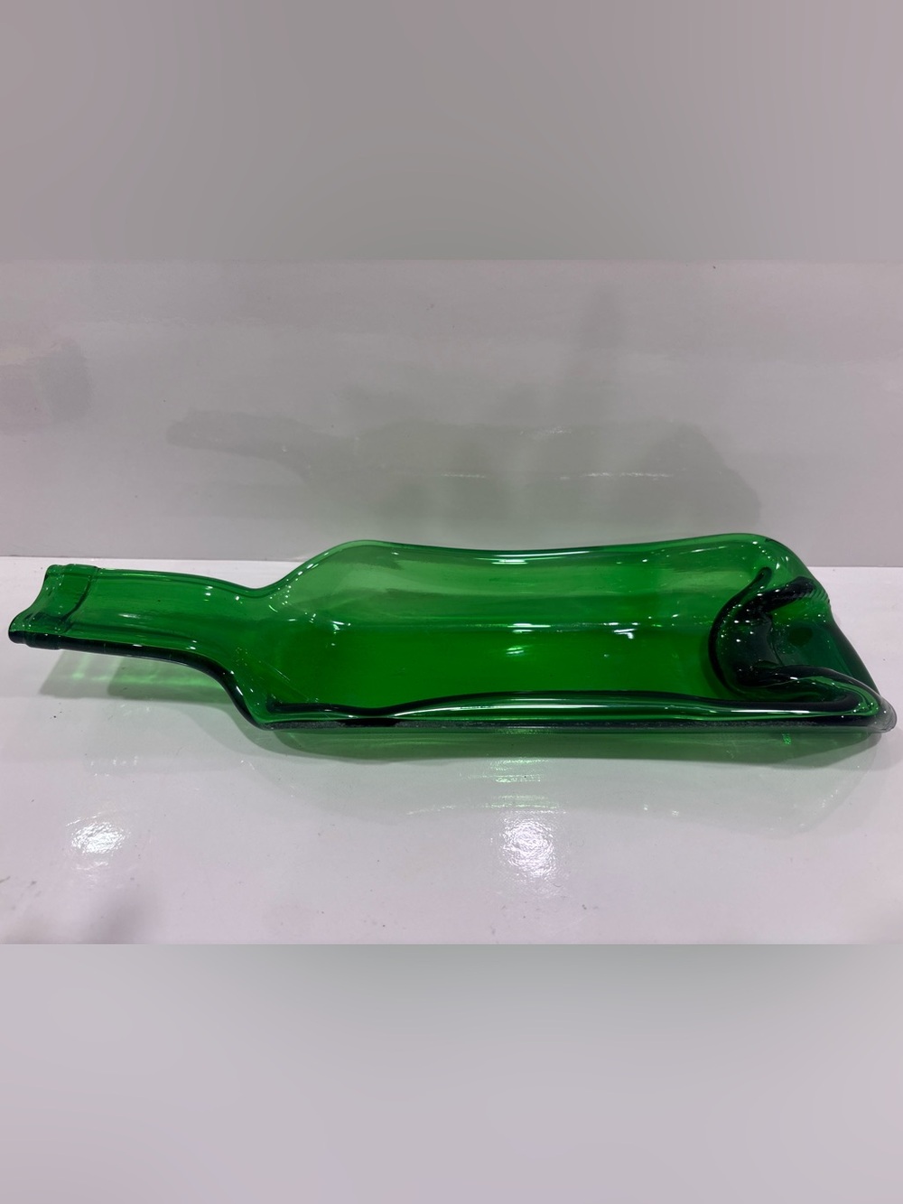 Handmade green slumped wine bottle serving tray recycled fused glass cheese tray